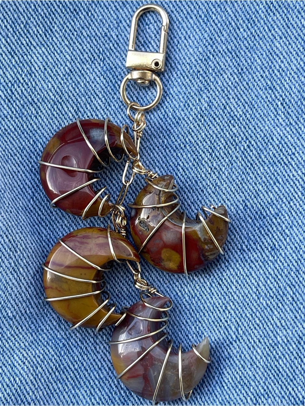 Mookaite Gold Wire Wrapped Crescent Moon Bag Charm Red Orange